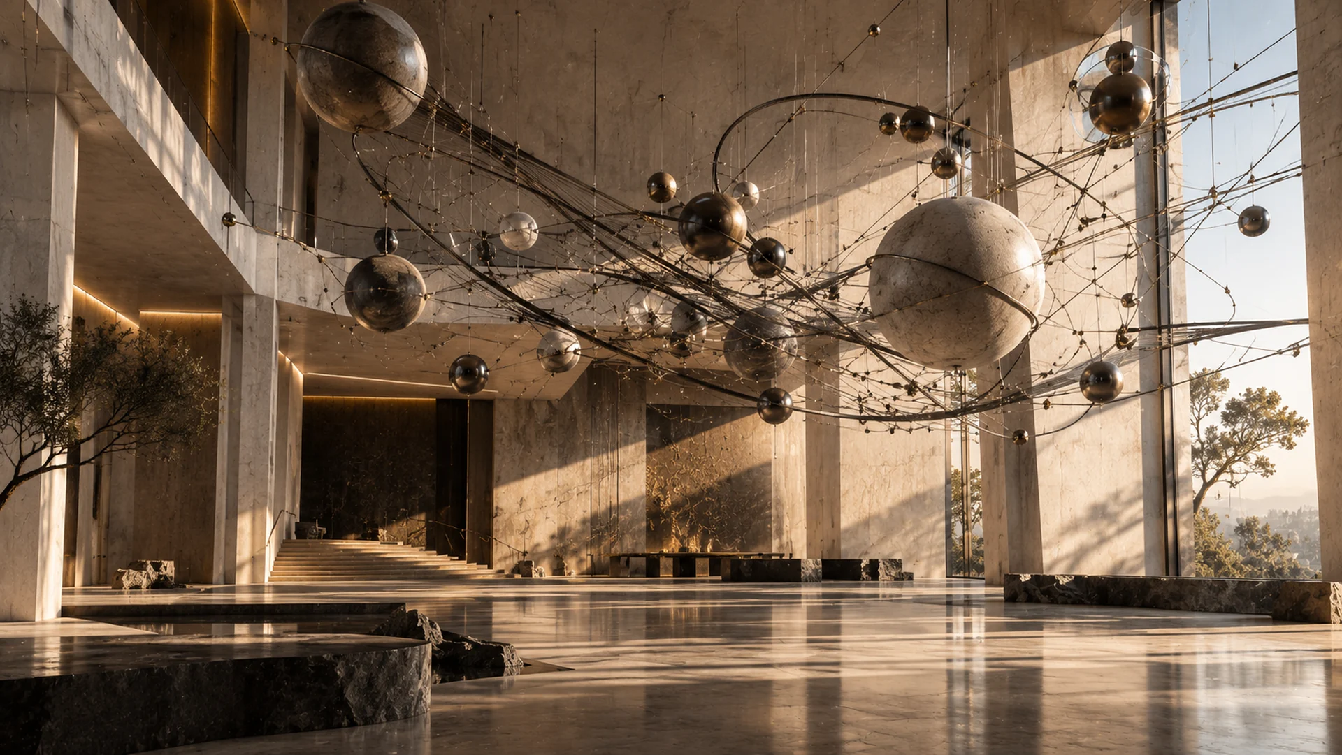 A light-filled atrium with a suspended spherical installation.