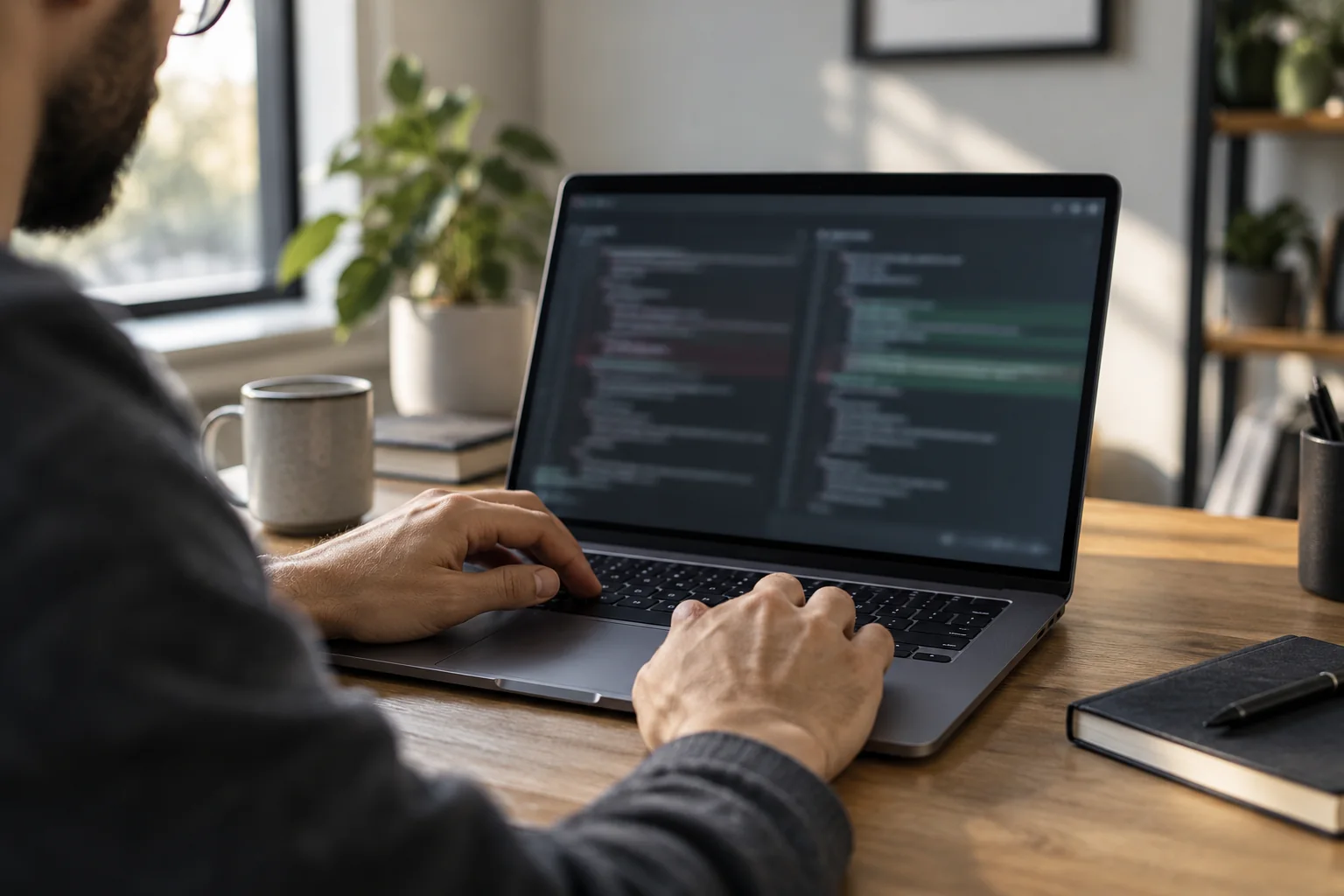 A developer works at a laptop with its screen out of focus.
