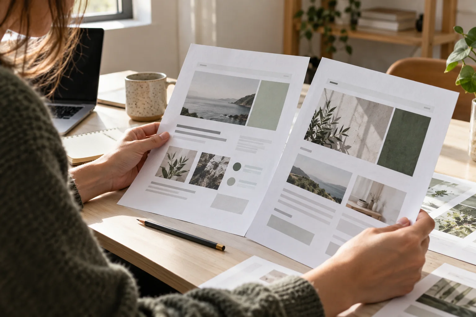 A designer reviews printed website layouts beside a laptop.