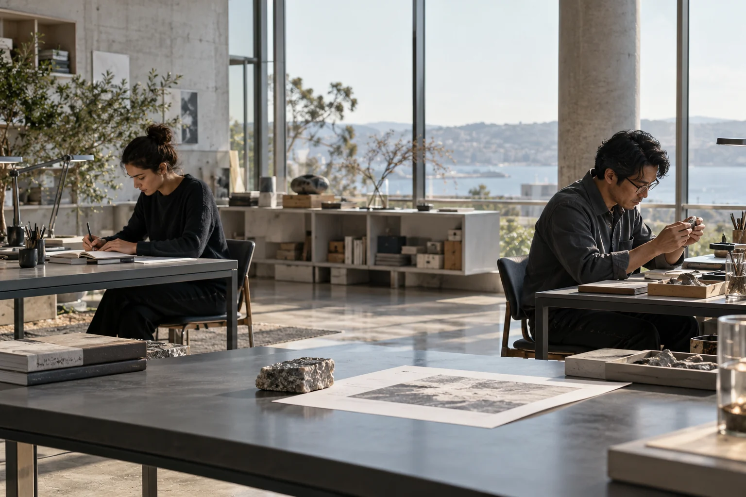 Two researchers work independently at separate desks in the same light-filled studio.