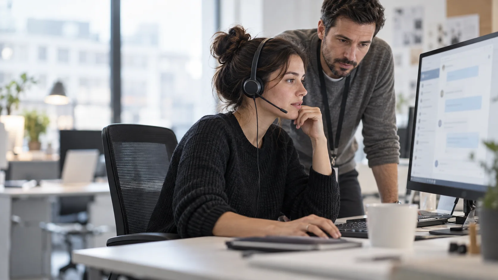 A customer support specialist works at a chat interface while a colleague reviews the case.