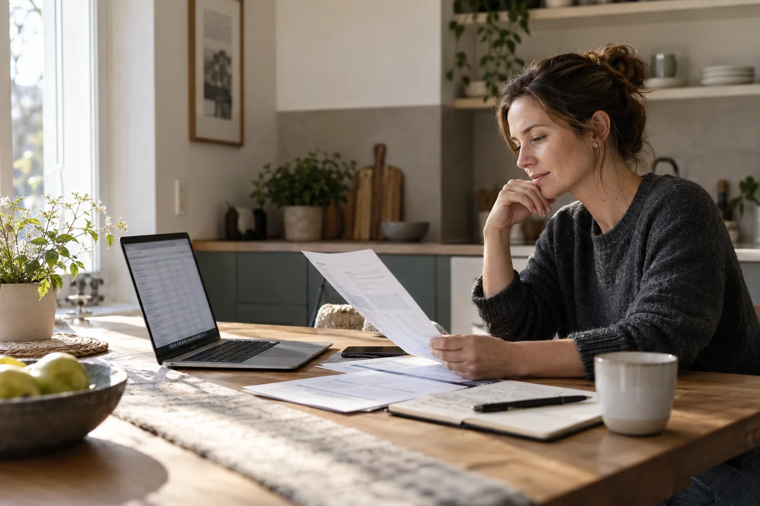 A woman reviews household financial paperwork and a blurred spreadsheet at a sunlit kitchen table.