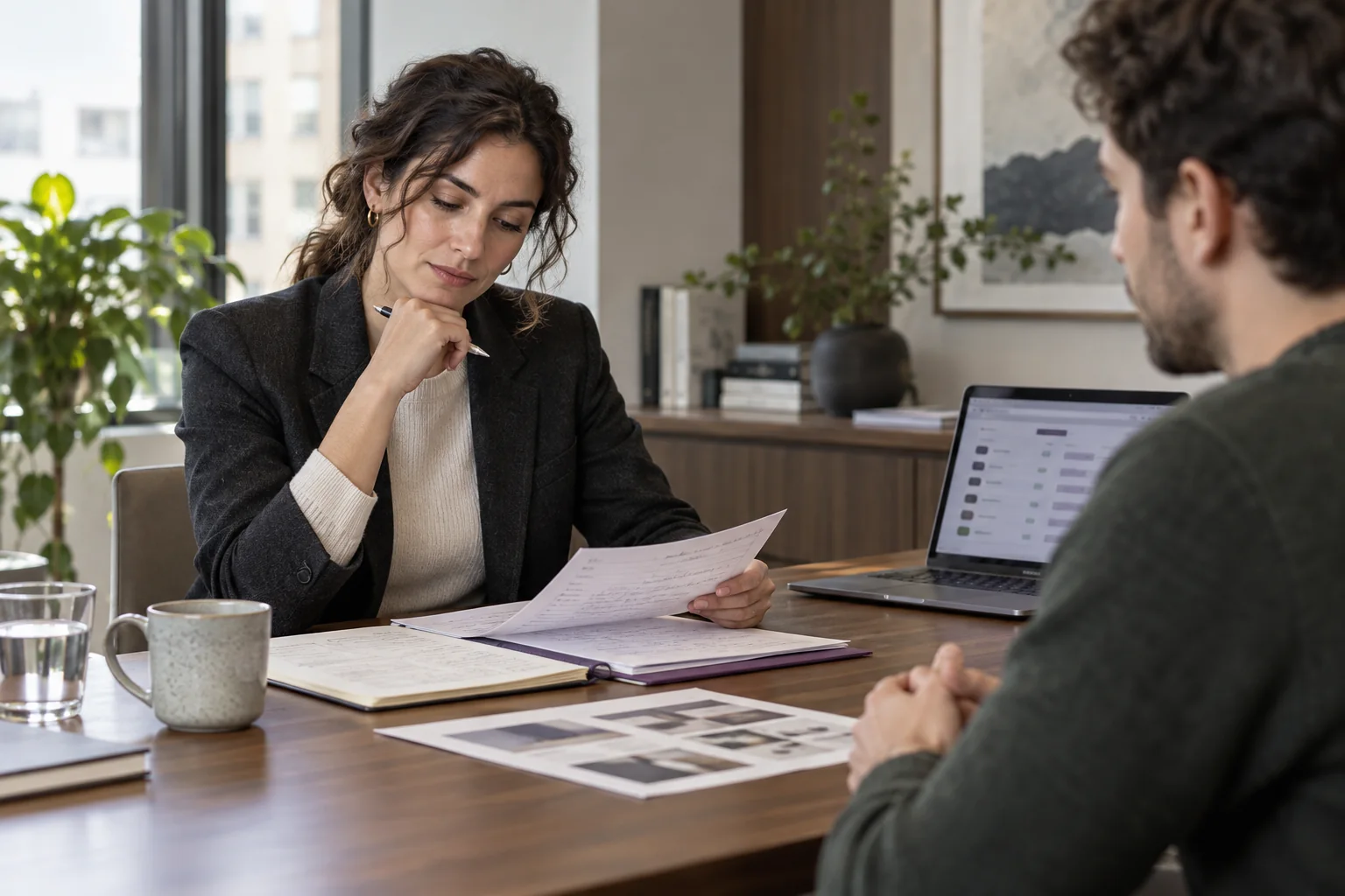A recruiter reviews structured interview notes while speaking with a job candidate.