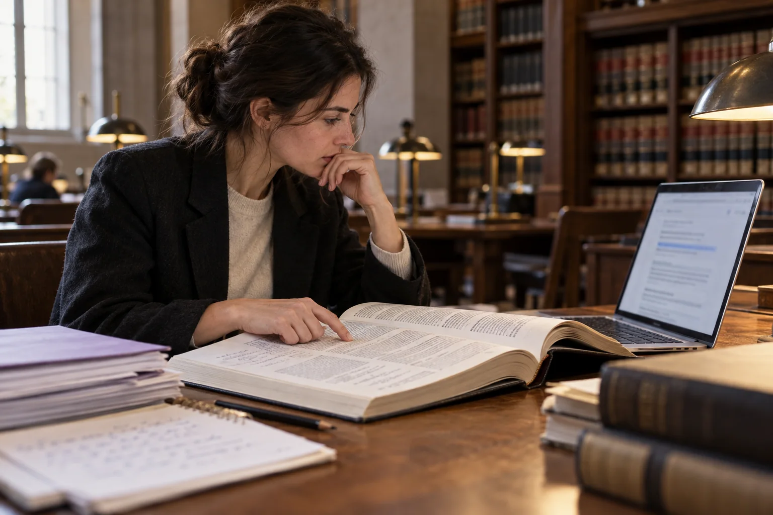 A legal researcher compares a printed opinion with a search result on a laptop.