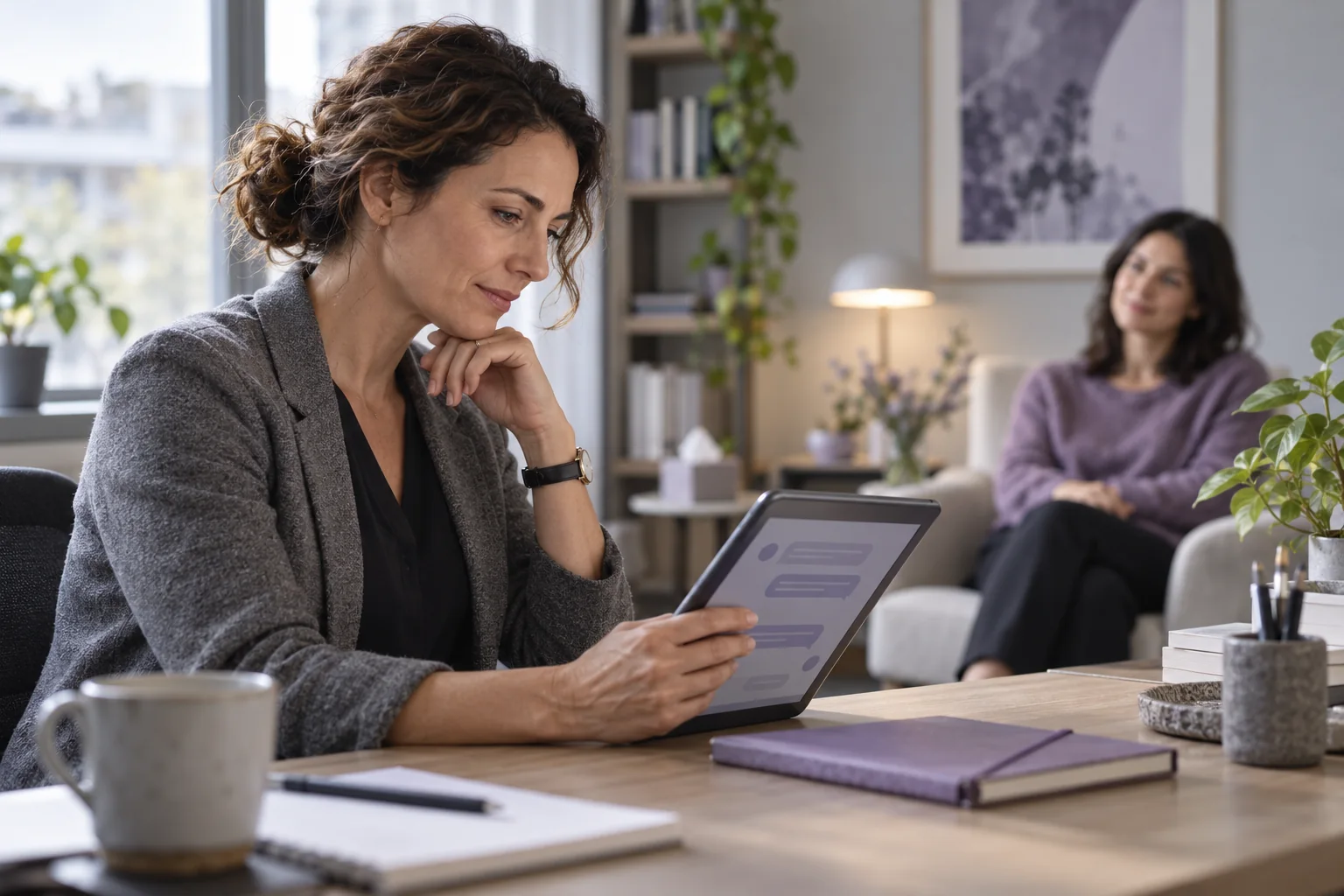 A researcher reviews an abstract conversation interface in a counseling office.