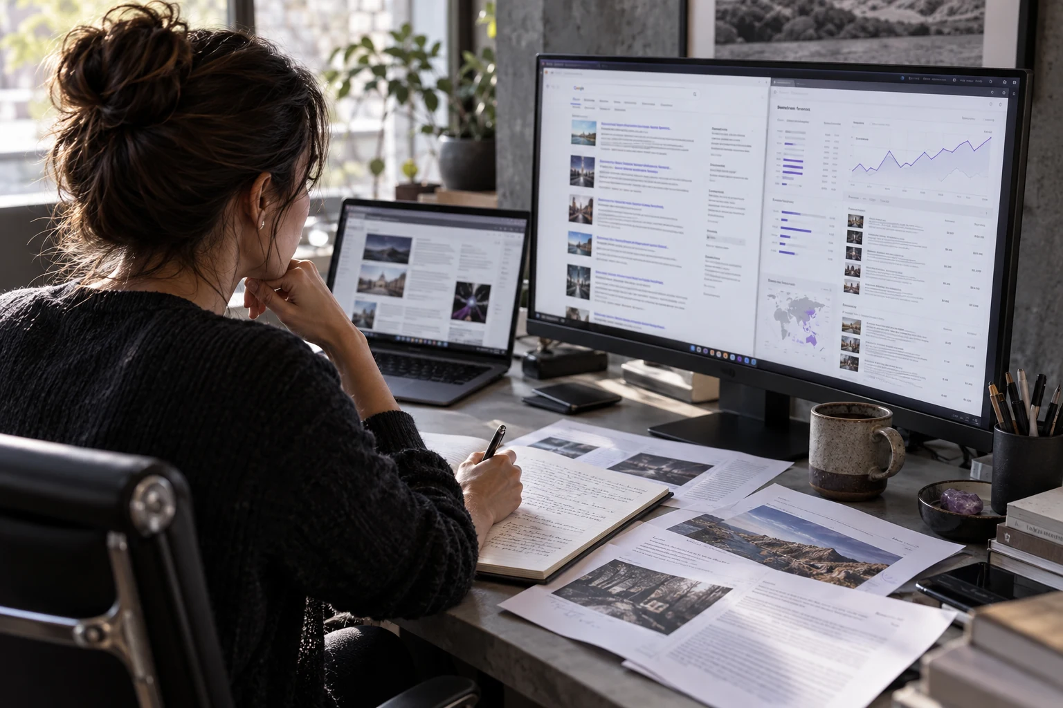 A website publisher reviews search results and analytics beside printed page proofs.