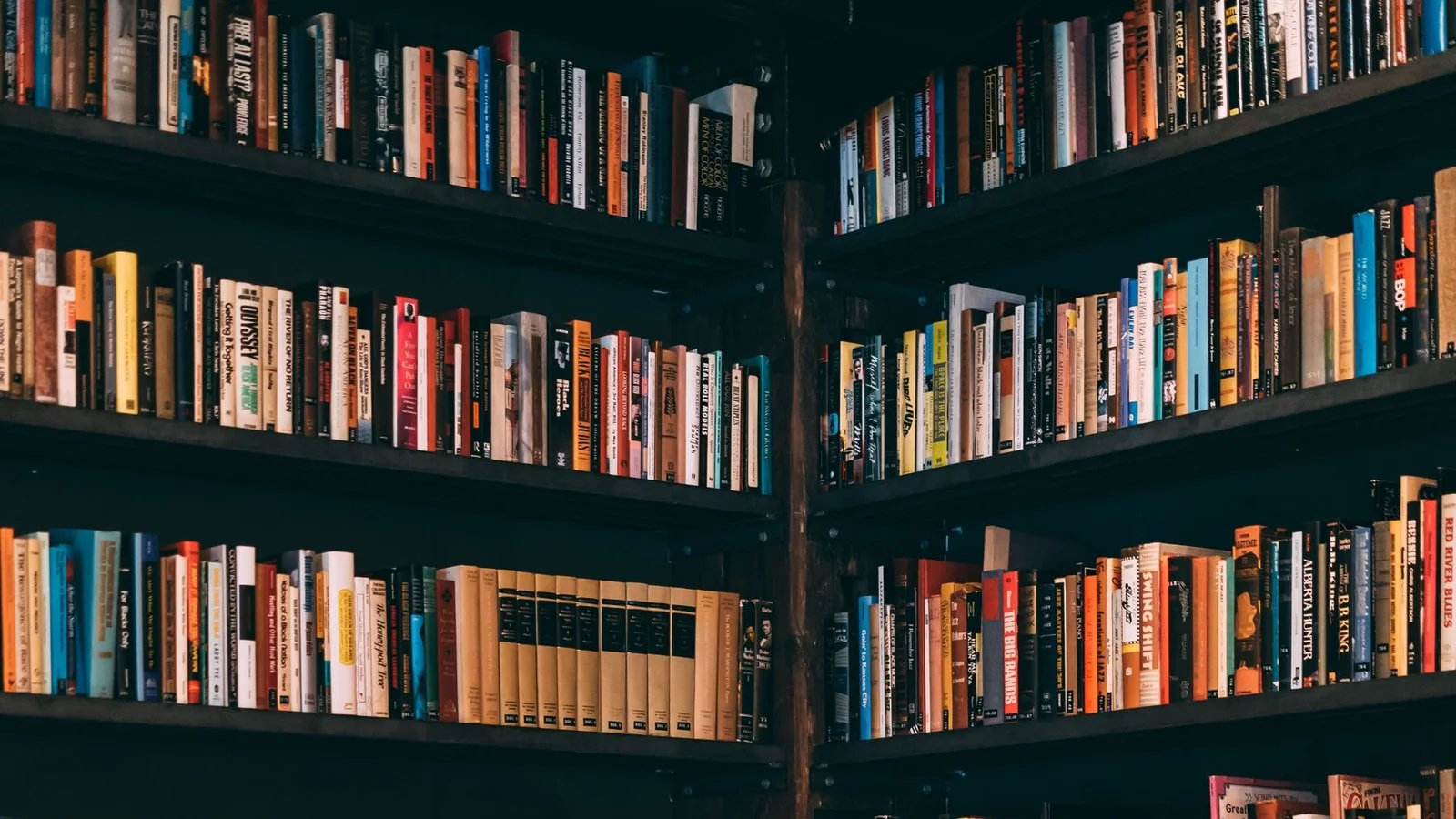 Rows of books arranged on shelves in a dark library.