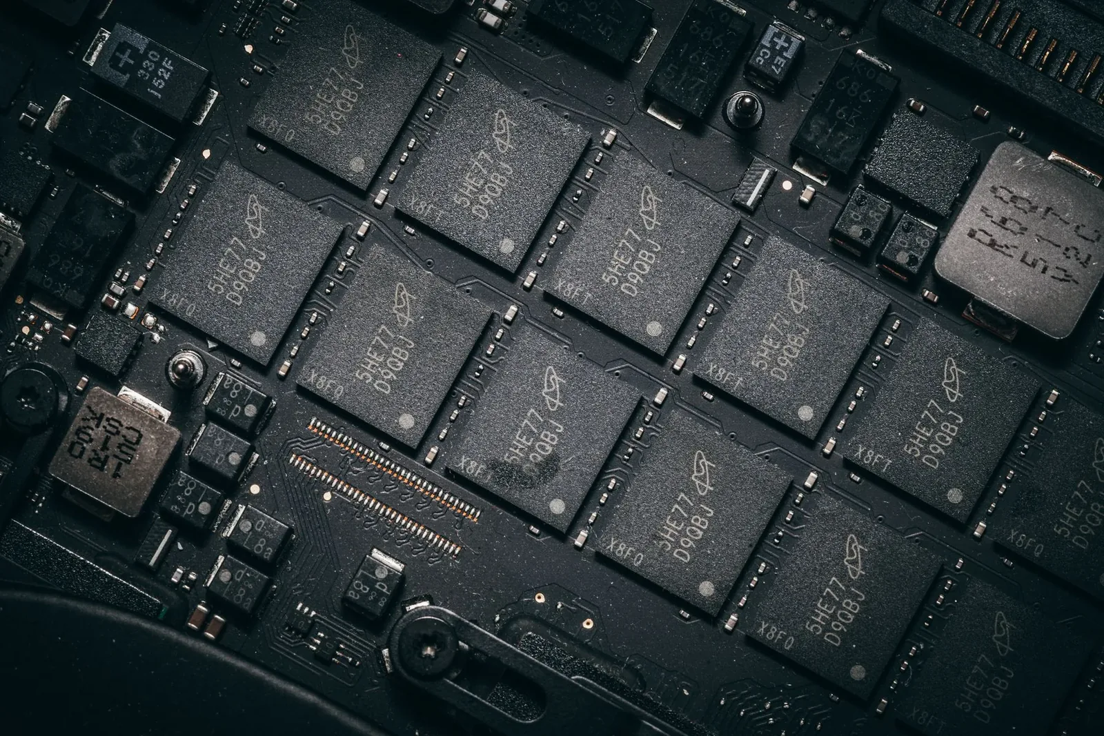 Close-up of a processor and the surrounding circuit board.