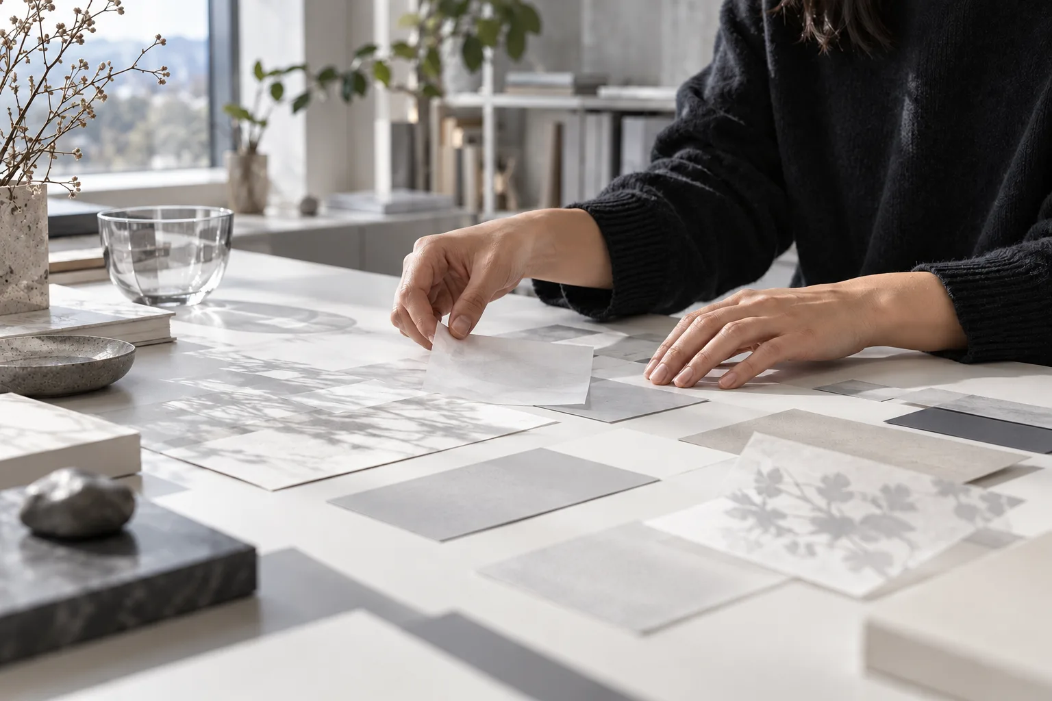 A researcher arranges translucent paper slips on a light worktable.