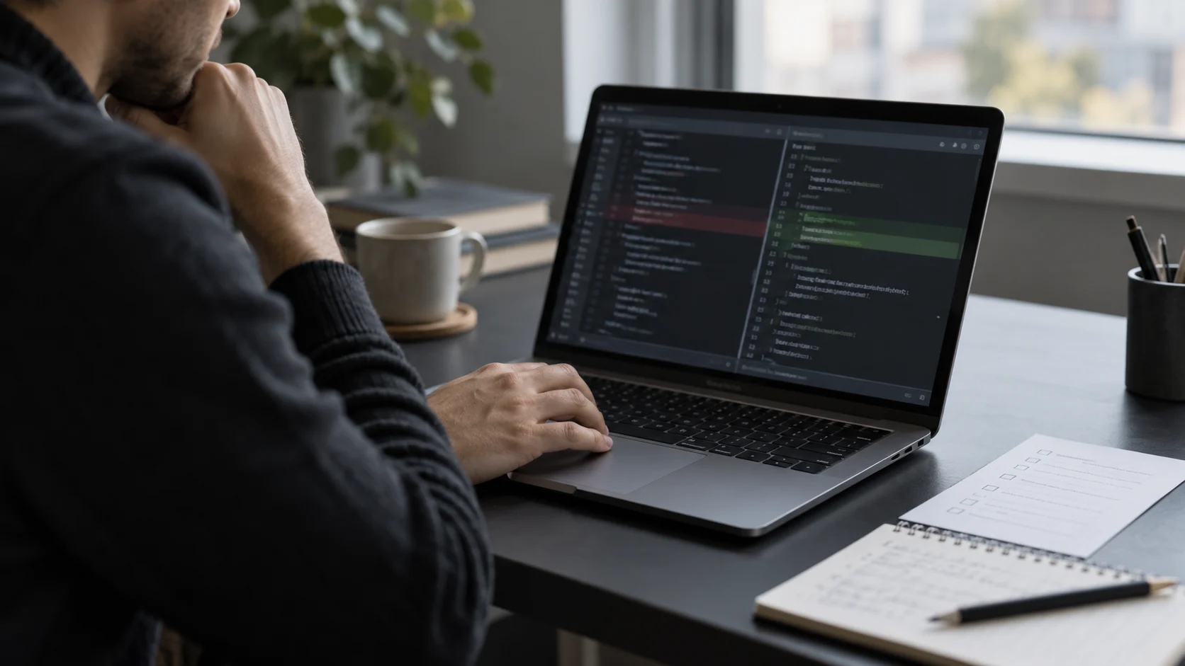 A software engineer reviews a code change beside a checklist and notebook.