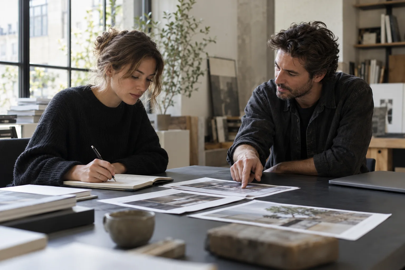 Two colleagues compare printed references while one makes notes at a shared work table.