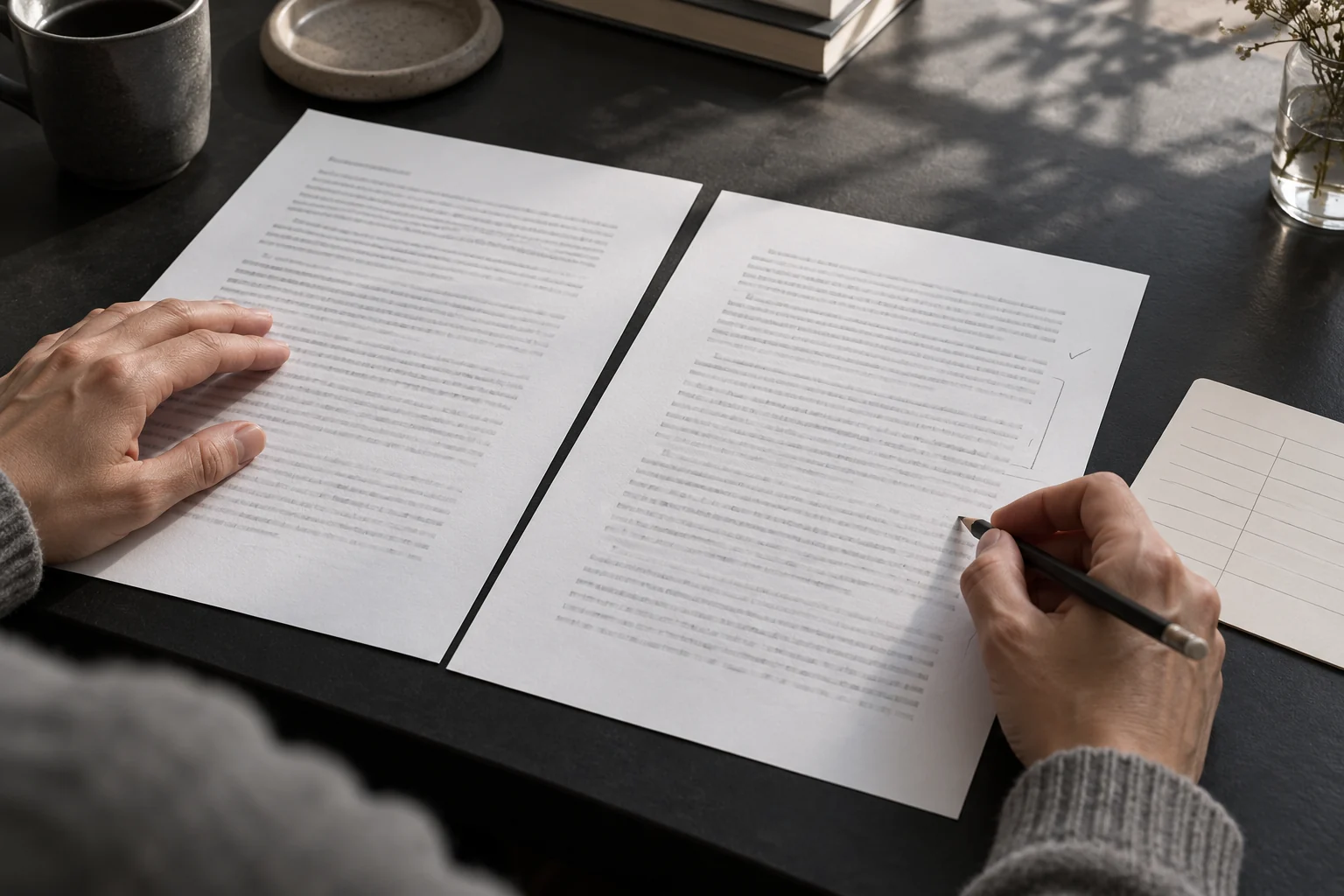 A reviewer compares two printed answer sheets and marks one with a pencil.