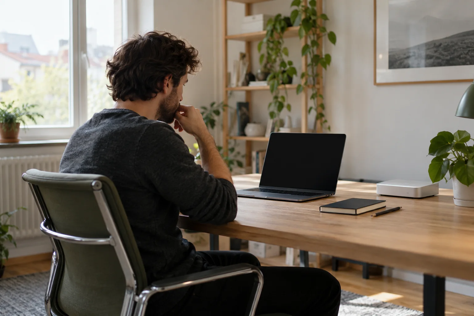 A person at a laptop in a bright studio, with no visible interface details.