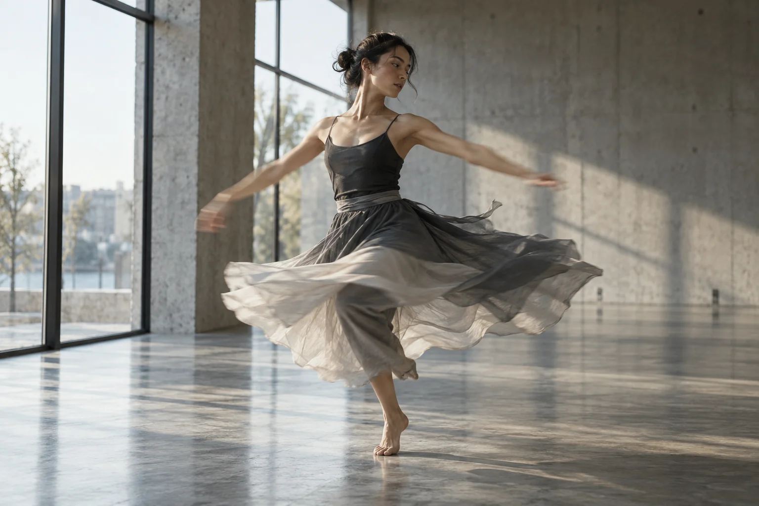 A dancer turns in a sunlit studio, her skirt tracing a soft arc through the frame.