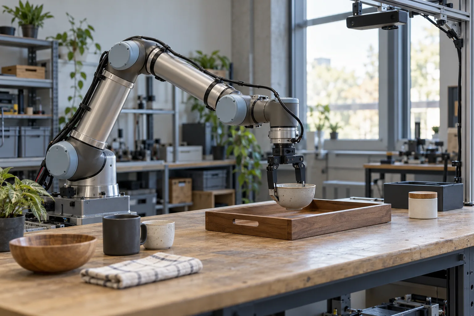 A six-axis robot arm carefully placing a ceramic bowl into a wooden tray on a workbench.